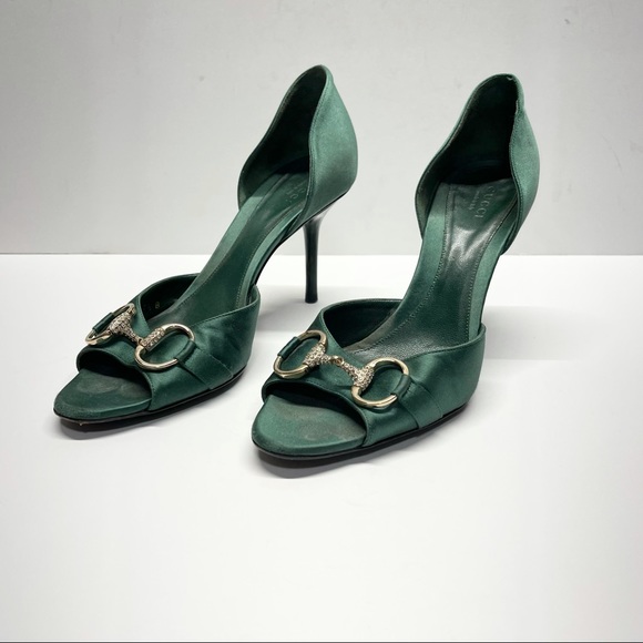 Gucci Shoes - Gucci Green Satin Peep Toe Heels Gold Buckle & Rhinestones
